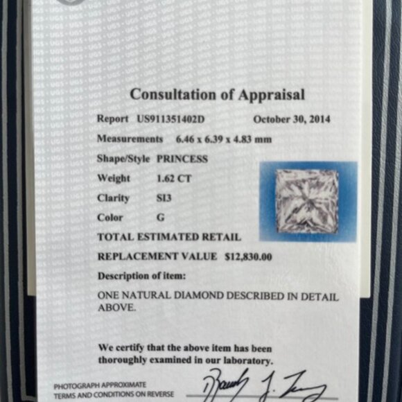 Princess Cut Diamond Engagement Ring 1.62 CT G SI3 Ideal EGL USA White Gold - Picture 11 of 11